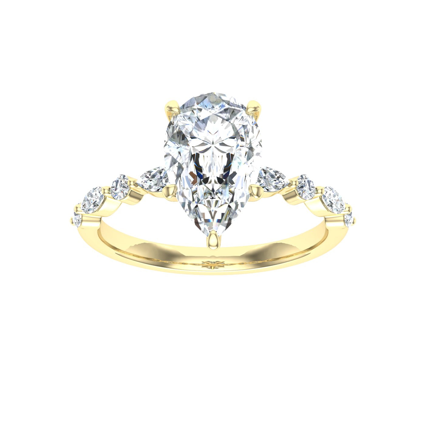 Moondrop Pear Cut Side Stones Moissanite Engagement Ring Yellow Gold